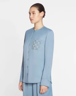 Clearance Collarless shirt with embroidered pocket Women Tops